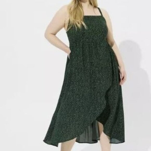 Torrid Tea Length Challis Square Neck Dress Green Leopard high low Plus 1X - Picture 1 of 9